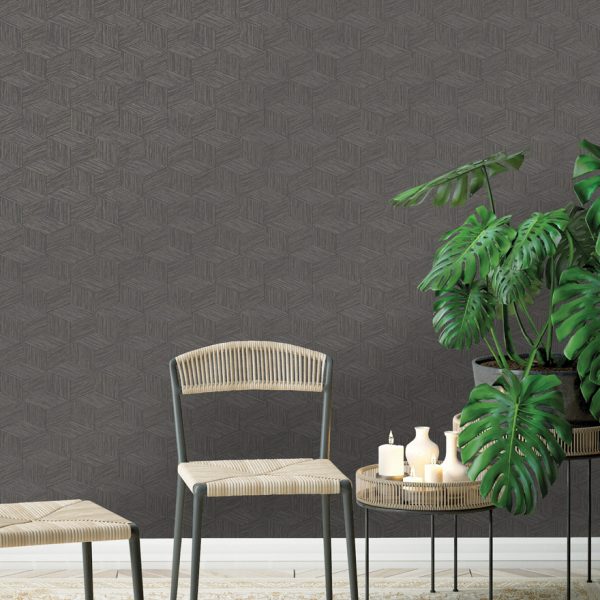 Bakau Charcoal wallpaper is an elegant diamond geometric motif design with metallic elements and a raised acrylic textured finish. It is ideal for any room.