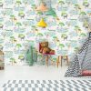 Crocodile Lake White Wallpaper is a jungle animal scene kids wallpaper that features nature's best animal friends on a clean white background.