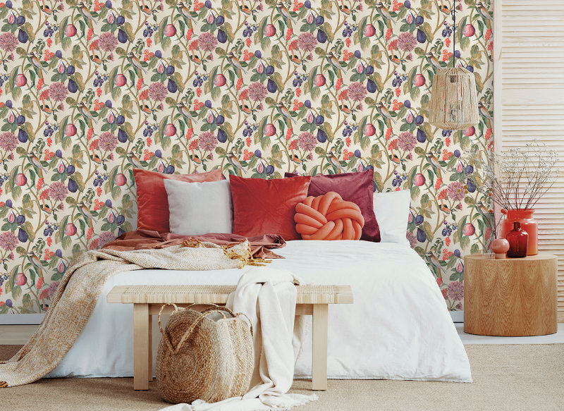 Aruba Cream wallpaper is a stunning bird trail design featuring floral and fruit elements, on a painterly matt background. Perfect for a feature wall.