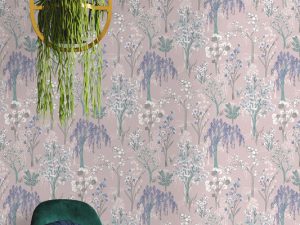 Kieder Pink Wallpaper features a selection of painterly multi-coloured oriental trees on a background of subtle tree silhouettes and flowing waves.