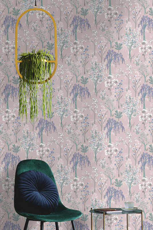 Kieder Pink Wallpaper features a selection of painterly multi-coloured oriental trees on a background of subtle tree silhouettes and flowing waves.