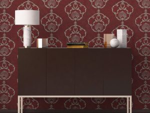 Portland Damask Burgundy wallpaper is a contemporary damask design set against a rich burgundy background that will add a classic style to any room.