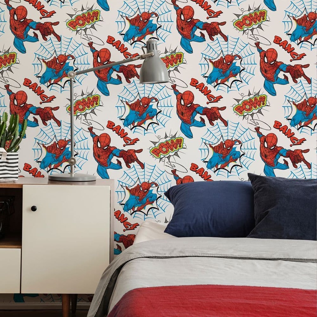 This fantastic Spider-man Pow Wallpaper is a must for any superhero fan's bedroom. The design features action shots of Spidey with blue webs on a white background