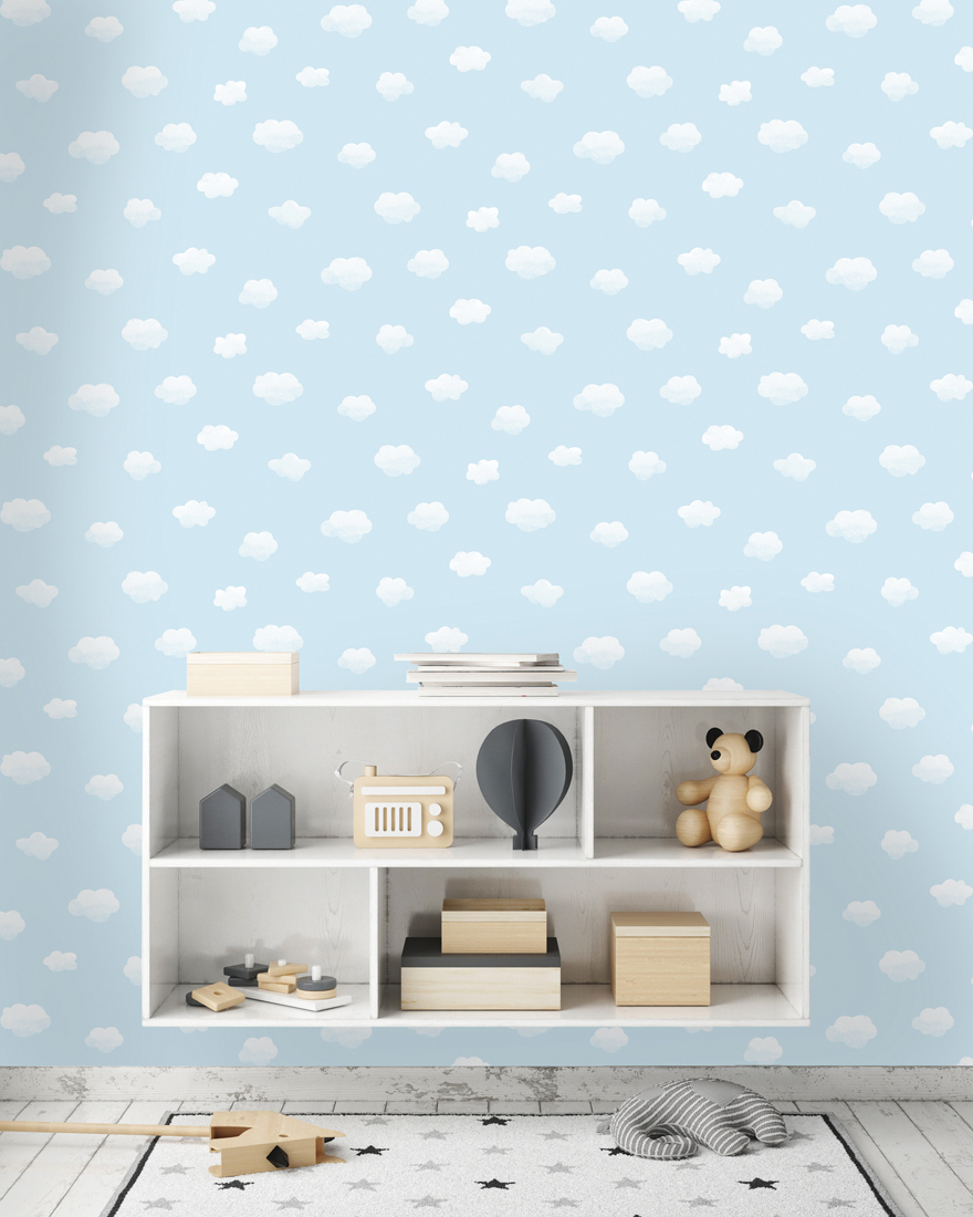Cloudy Sky Blue wallpaper design is a simple cloud pattern. Perfect for all 4 walls and ideal for children’s bedrooms and playrooms.