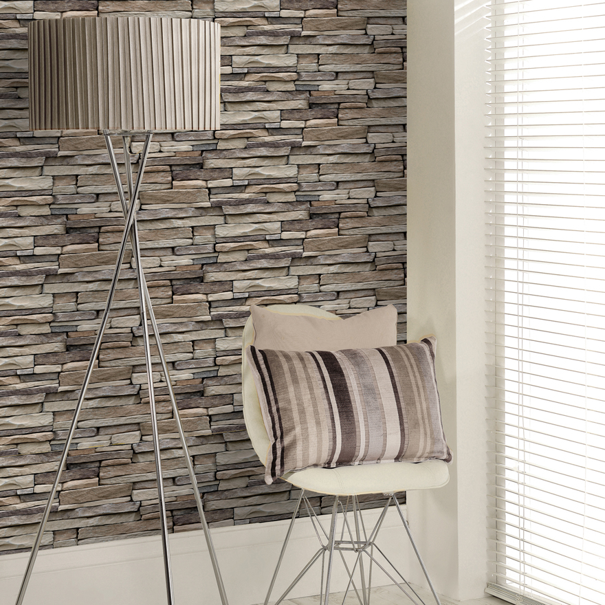 The Stone Natural is a contemporary photo realistic cladding wallpaper that creates the illusion of a 3D stone wall.