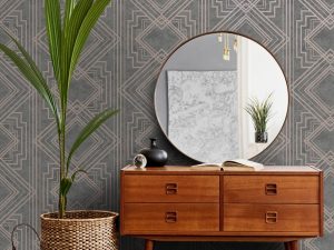 Delano Grey Rosegold is a striking art deco style wallpaper which features high shine metallic geometric that contrasts against an industrial ground. 