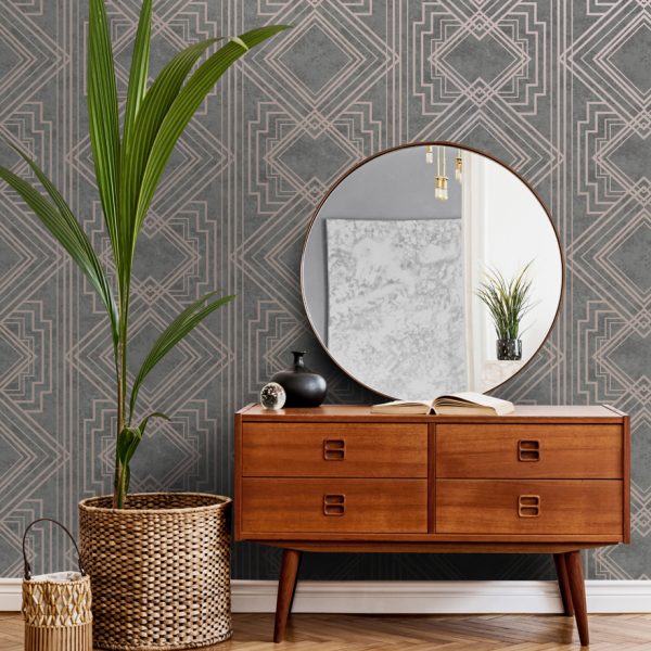 Delano Grey Rosegold is a striking art deco style wallpaper which features high shine metallic geometric that contrasts against an industrial ground. 