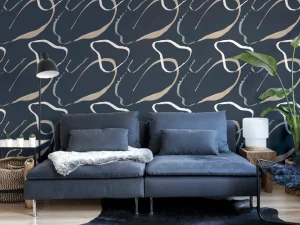 Linear Swirl Navy wallpaper is an abstract design with neutral coloured swirls on a navy background. Sure to add a fun and stylish look,