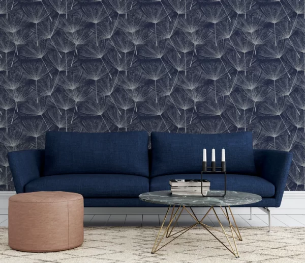 The Harmony Dandelion Navy Silver wallpaper features a navy background with silver dandelions. it would make for a delicate, airy addition to any room. 