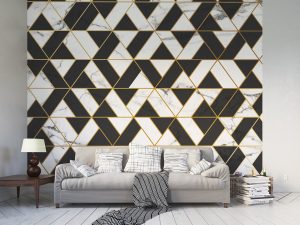 Marbled Textured Geometric XL Mural has triangular, white marbled tiles are overlaid with semi-transparent black shapes. Each section, black and marbled alike, are outlined in gold for a luxe finish.