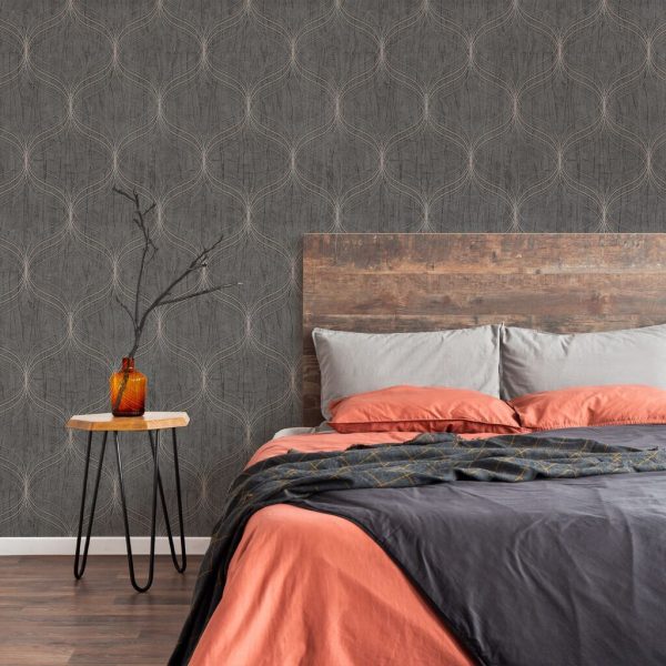 Optical Geo Grey wallpaper is a gorgeous texture that resembles swathes of folded silk under an optical geometric design of repeating ogee shapes.