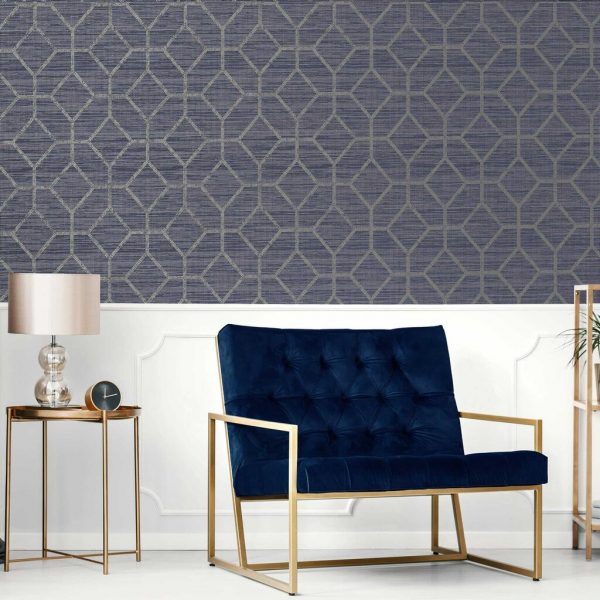 The Asscher Geo Sapphire wallpaper is a gorgeous textured grass cloth effect design with a mid scale geometric trellis with metallic highlights.