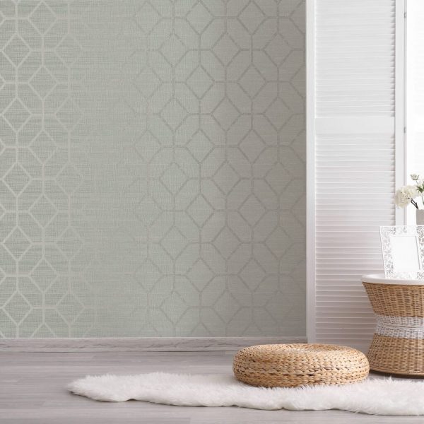 The Asscher Geo Sage wallpaper is a gorgeous textured grass cloth effect design with a mid scale geometric trellis with metallic highlights.