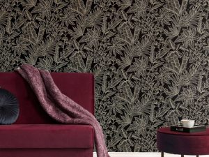 Paradise Onyx wallpaper is a beautiful design made to whisk you away to a Paradise Island, featuring bold tropical leaves and soft elegant metallics.