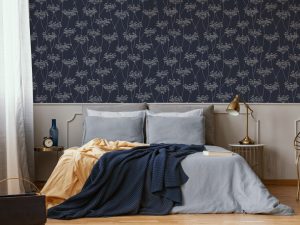 Aura Navy Wallpaper is a beautiful large scale textured floral design featuring white cowparsley on a contrasting navy blue background.