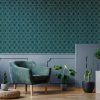 Luxe Geo Teal wallpaper is set upon a textured base for a luxurious look, with the gold geometric detail to give it extra sophistication.