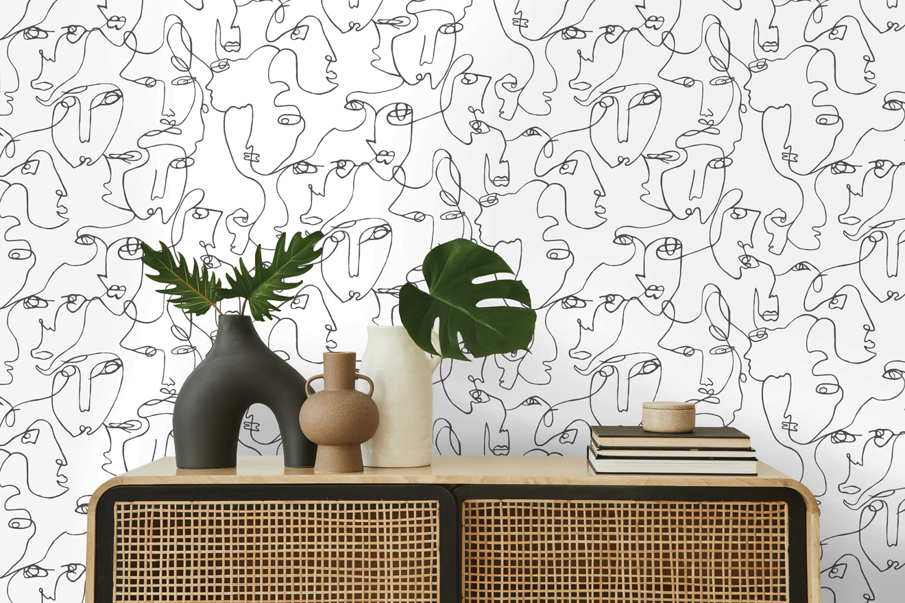 Linear Visage Black & White wallpaperwallpaper is a clean, minimal and modern design featuring hand-drawn abstract faces in a continual line to create an all-over linear pattern.