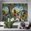 Jungle Lake Wall Mural is colorful jungle wall mural featuring all of the wild residents of the rainforest gathering at a waterfall. Perfect for a kids room