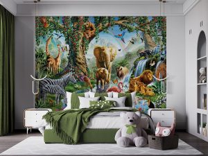 Jungle Lake Wall Mural is colorful jungle wall mural featuring all of the wild residents of the rainforest gathering at a waterfall. Perfect for a kids room