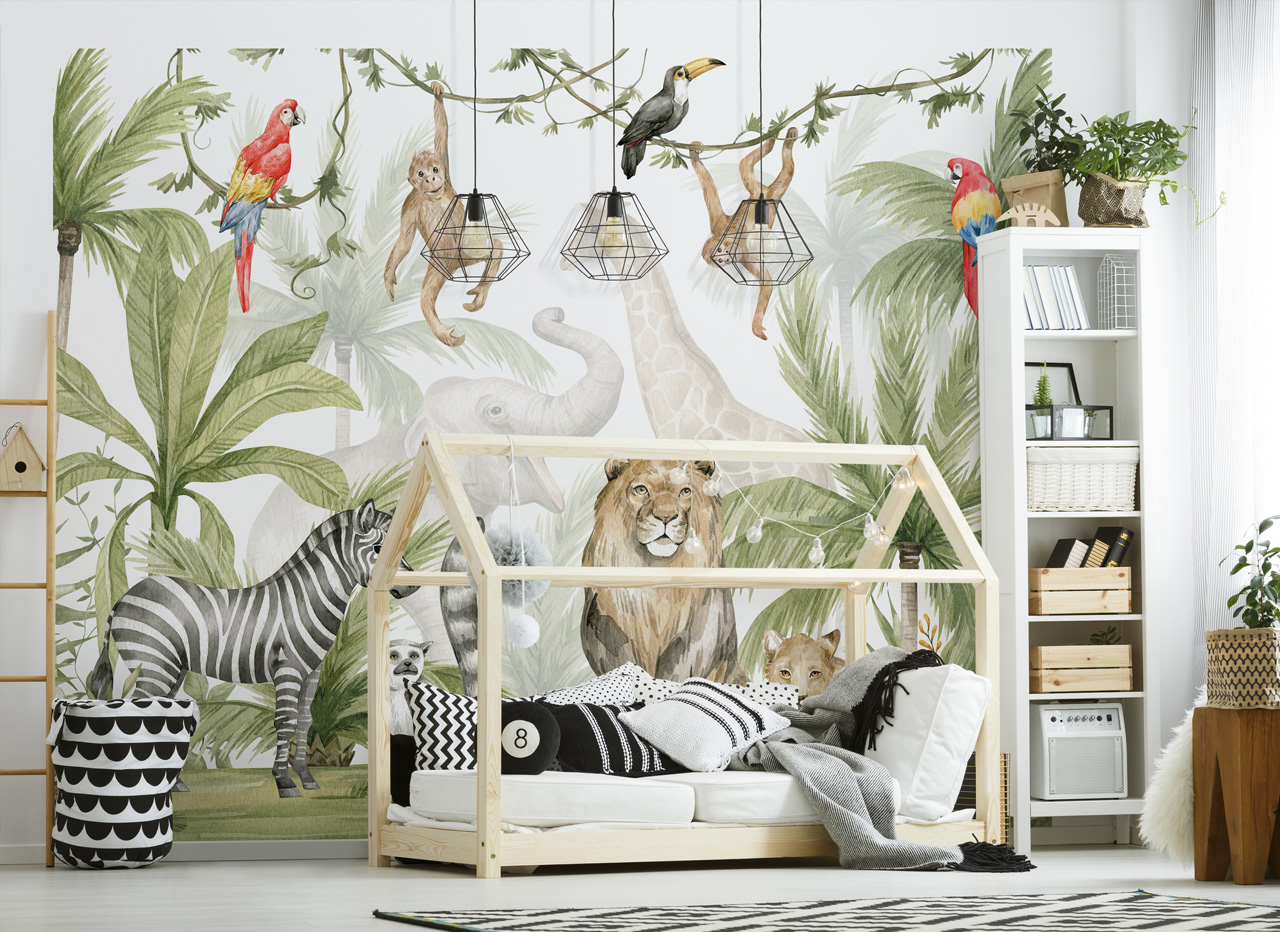 Jungle Safari Wall Mural is an illustrative watercolor mural design featuring rainforest residents of the jungle. Perfect for a kids bedroom or play area.