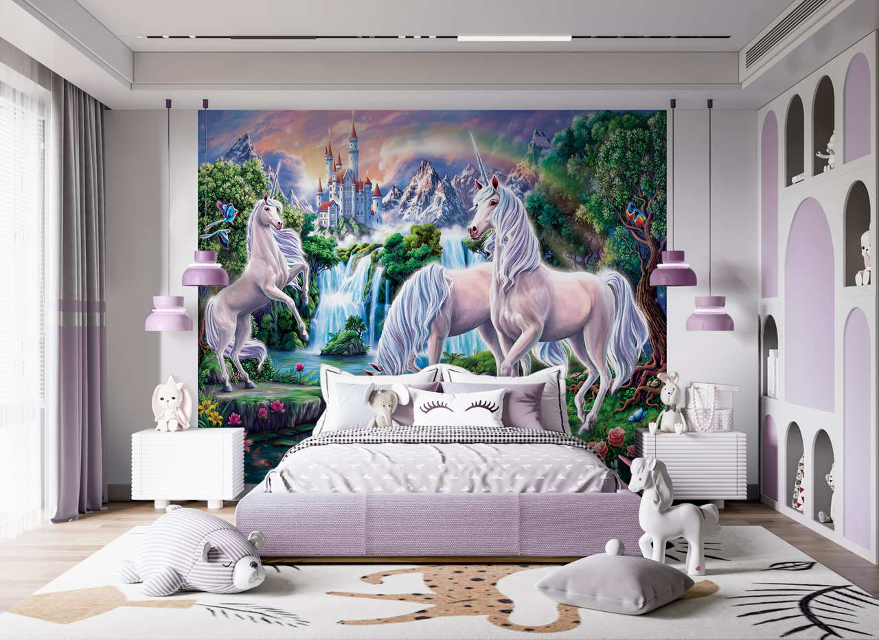 Unicorn Paradise Wall Mural features a small troop of unicorns frolicking along a forest river, a castle sitting atop a hill and colorful birds on trees.
