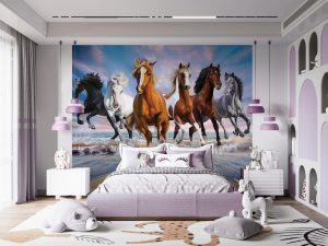 Featuring galloping horses on a sea shore, wild horses wall mural will transform any kids bedroom and or play area.