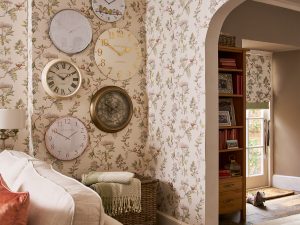 Elderwood Natural Wallpaper is a charming all over flowering trail design with berries and birds nestling in the branches. Perfect for any room of the home.