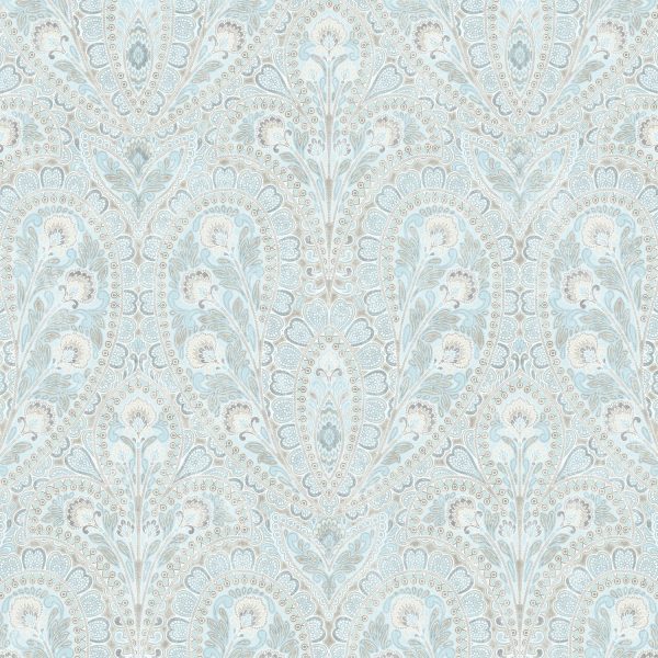 Ornamental Paisley Duck Egg Wallpaper is an intricately designed paisley, filled with stemmed flowers that make a gorgeous impact.