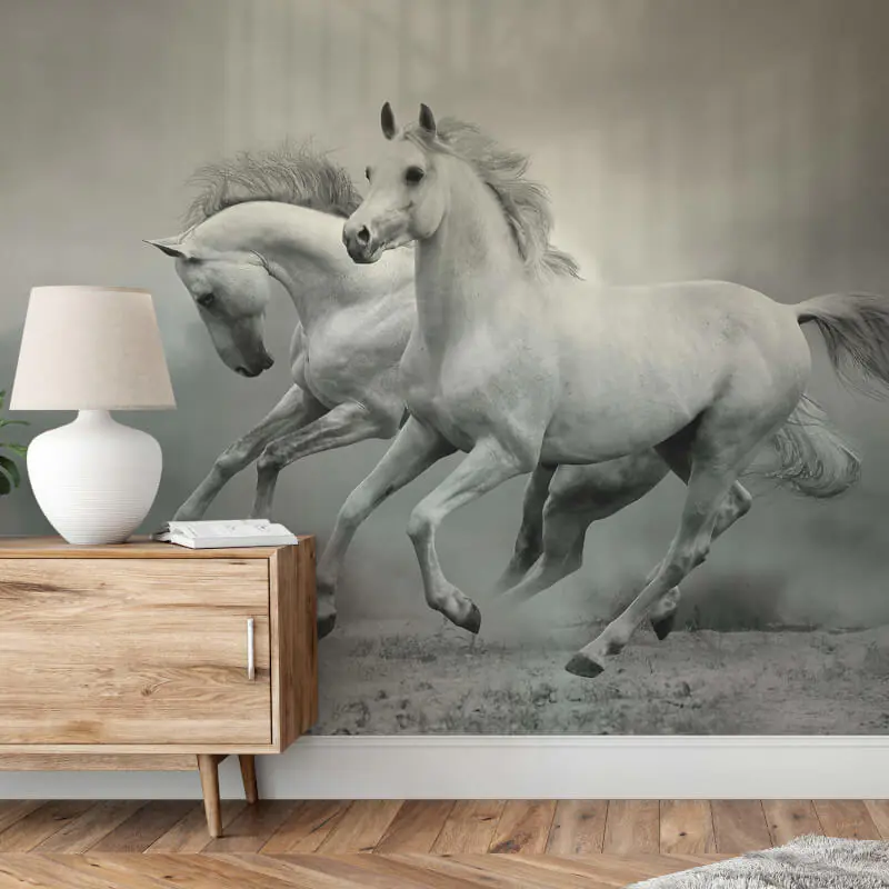 White Wild Horses Wall Mural will add a touch of wild beauty and gracefulness to your interior space featuring two white horses, galloping on a dirt road.
