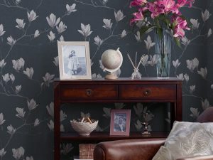 Magnolia Grove Dusky Seaspray Wallpaper is a fresh, timeless design that evokes the feeling of the first spring blossoms, it features a blue colourway.