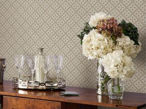 Mr Jones wallpaper, shown here in dove grey. An archive wallpaper thats perfect for contemporary interiors, the Mr Jones wallpaper will add fashionable focus to your living space.