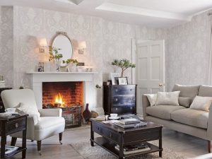 Josette White/Dove Grey Wallpaper is an ornate and elegant damask featuring glamorous chandeliers and romantic rose bouquets in the stylish combination of white and dove grey.