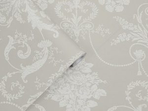 Josette White/Dove Grey Wallpaper is an ornate and elegant damask featuring glamorous chandeliers and romantic rose bouquets in the stylish combination of white and dove grey.