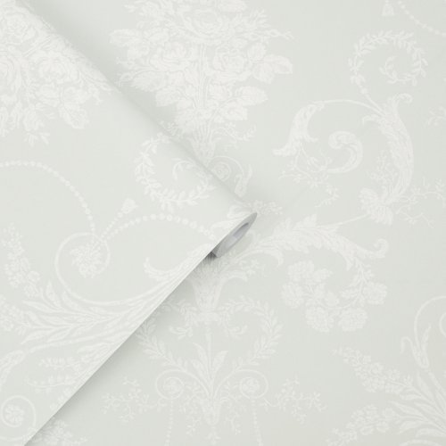 Josette Duck Egg Wallpaper is an ornate and elegant damask featuring chandeliers and rose bouquets and looks fresh and modern with a duck egg background.