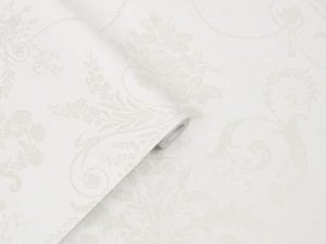 Josette White Wallpaper is an ornate and elegant damask featuring chandeliers and rose bouquets and looks fresh and modern with a white background.