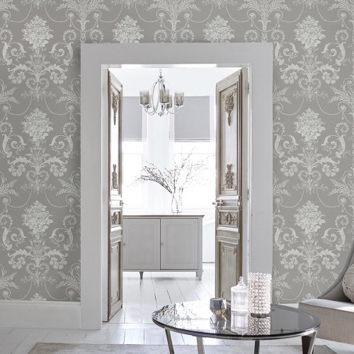 Josette Steel Wallpaper is an ornate and elegant damask featuring chandeliers and rose bouquets and looks fresh and modern with a steel background.