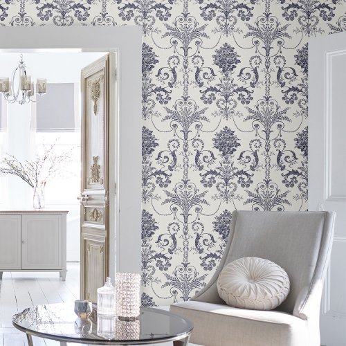 Josette Off White/Midnight Wallpaper is an ornate and elegant damask featuring chandeliers and rose bouquets in a striking off white background.