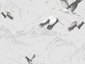Animalia Silver Wallpaper is a gorgeous pattern of grey and white cranes, amongst the outline of clouds to add a contemporary yet classic feel to your home.