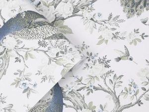 Classically ornate, Belvedere features elegant peacocks and timeless florals. In the midnight blue colourway, it is serene and stately.