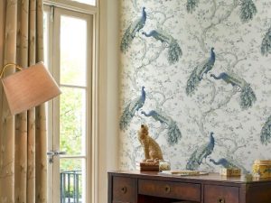 Classically ornate, Belvedere features elegant peacocks and timeless florals. In the midnight blue colourway, it is serene and stately.
