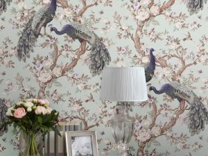 Classically ornate, Belvedere Duck Egg Wallpaper features elegant peacocks and timeless florals. In the duck egg colourway, it is serene and stately.
