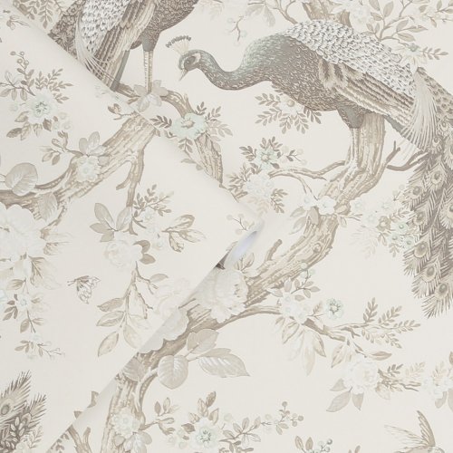 Classically ornate, Belvedere Soft Truffle Wallpaper features elegant peacocks and timeless florals. In the brown colourway, it is serene and stately.