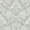 Parterre Sage Wallpaper is a beautiful and sophisticated floral featuring painted white flowers and swirling patterns of leaves.