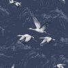 Animalia Midnight Wallpaper is a gorgeous pattern of grey and white cranes, amongst the outline of clouds on a dark blue background