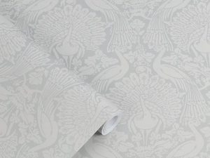 Peacock Damask Pale Slate Wallpaper design features striking peacocks parading side by side, this elegant design makes a statement worth showing off.