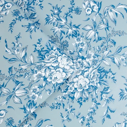 Laura Ashley Picardie, shown here in Sky Blue. Inspired by a stunning antique quilt from the Laura Ashley archive, this beautifully naturalistic large scale floral design features a wonderful collection of roses, foxgloves and buttercups, allowing you to bring the outside in.