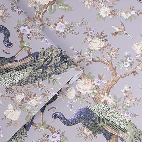 Belvedere Pale Iris Wallpaper features a striking peacock design amongst timeless florals. This stunning meandering design depicts birds and butterflies perched upon weaving branches, with large peacocks being the striking focus for glamour and sophistication.