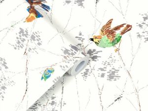 Aviary Natural Wallpaper is charming and conversational featuring birds and butterflies parading across branches and dappled leaves, timeless and fresh.
