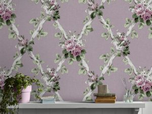 Elwyn Grape Wallpaper is rustic and homey, Elwyn is a beautiful leaf trellis design that takes inspiration from the Laura Ashley archive. With intertwined leaf stems, this intricate style has a charming country feel.