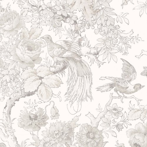 Birtle Dove Grey Wallpaper features charming birds perched upon exotic tree branches alongside blooming roses and poppies with natural glamour.